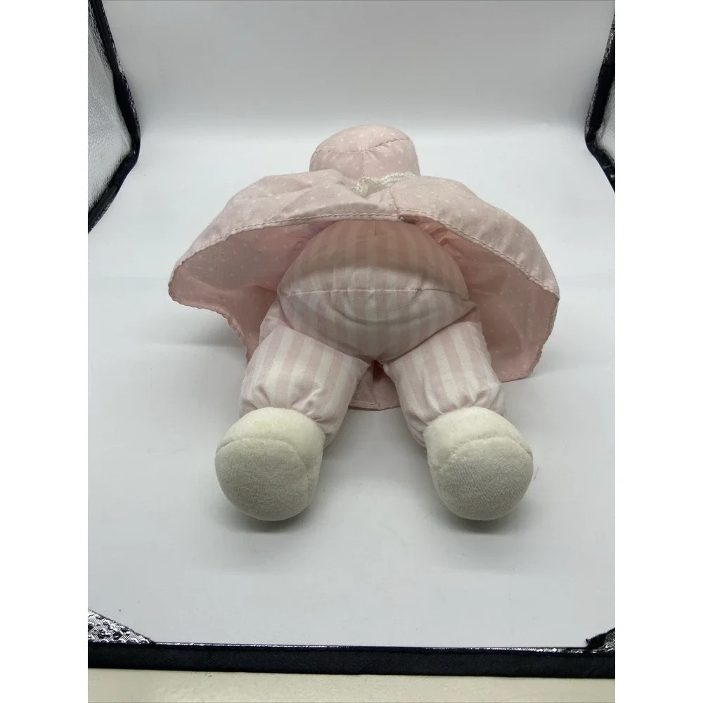 Vintage Eden Plush Rag Doll Yellow Yarn Hair Pink Polka Dot Dress Lace Collar